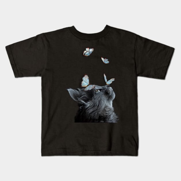 Cute Black Cat With Butterfly Cat adoption For Cat Lover Kids T-Shirt by drag is art